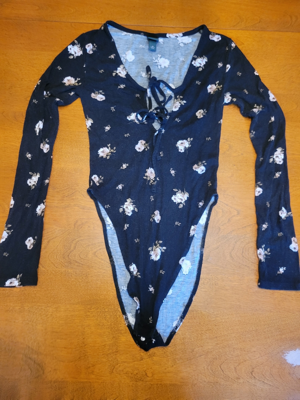 wild fable Black Floral Lace-Up Long-Sleeve Bodysuit